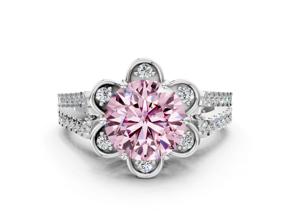 White gold Fancy Pink Round  Halo Diamond Floral Split Shank Engagement Ring