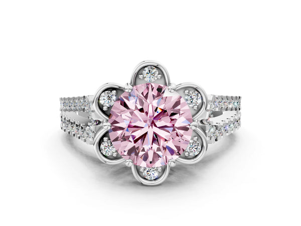 White gold Fancy Pink Round  Halo Diamond Floral Split Shank Engagement Ring