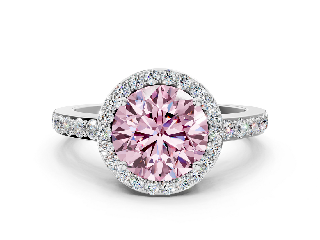 White gold Fancy Pink Round  Halo Diamond Pavé Band Ring with Prong Setting