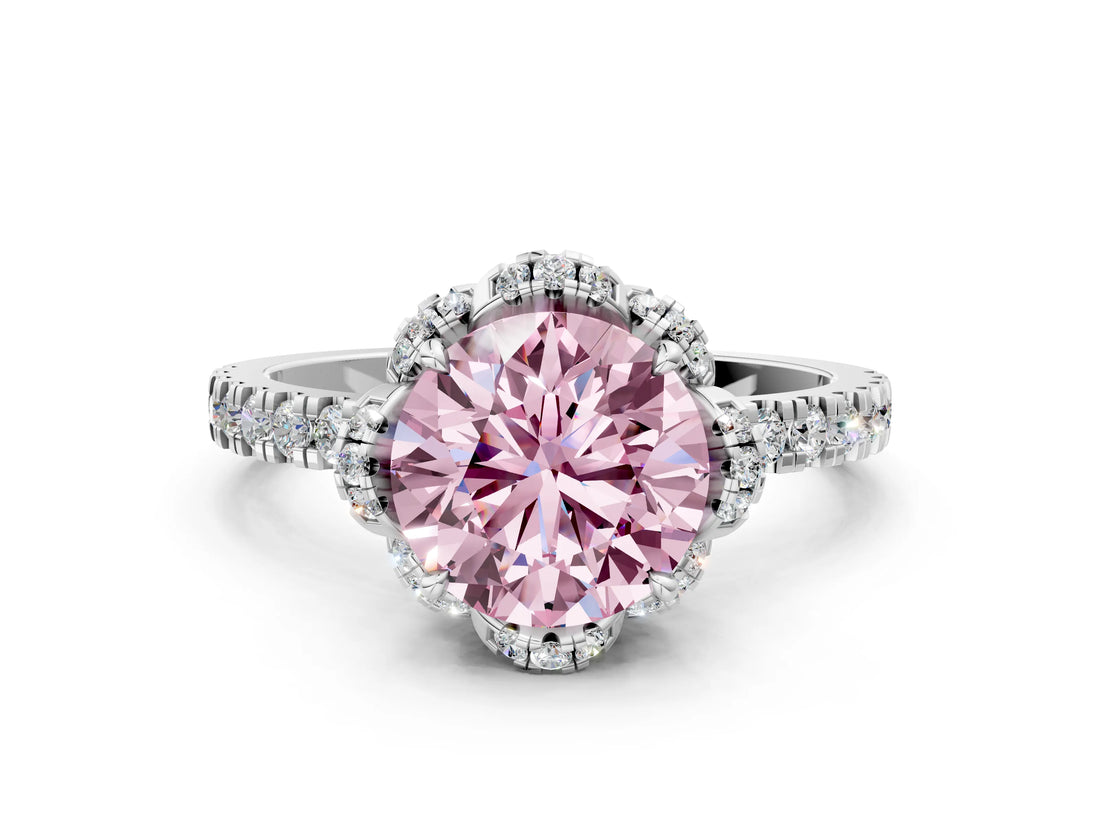 White gold Fancy Pink Round  Halo Diamond Pave Band Ring with Four-Prong Setting_15