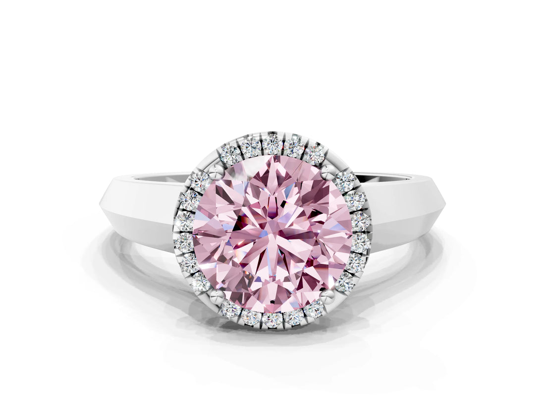 White gold Fancy Pink Round  Halo Diamond Ring with Cathedral Band and Four-Prong Setting_29