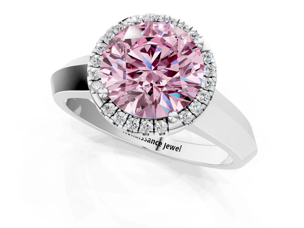 White gold Fancy Pink Round  Halo Diamond Ring with Cathedral Band and Four-Prong Setting