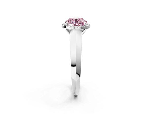 White gold Fancy Pink Round  Halo Diamond Ring with Cathedral Band and Four-Prong Setting