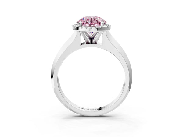White gold Fancy Pink Round  Halo Diamond Ring with Cathedral Band and Four-Prong Setting