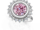 White gold Fancy Pink Round  Halo Diamond Ring with Milgrain Edge and Round Prong Setting_31
