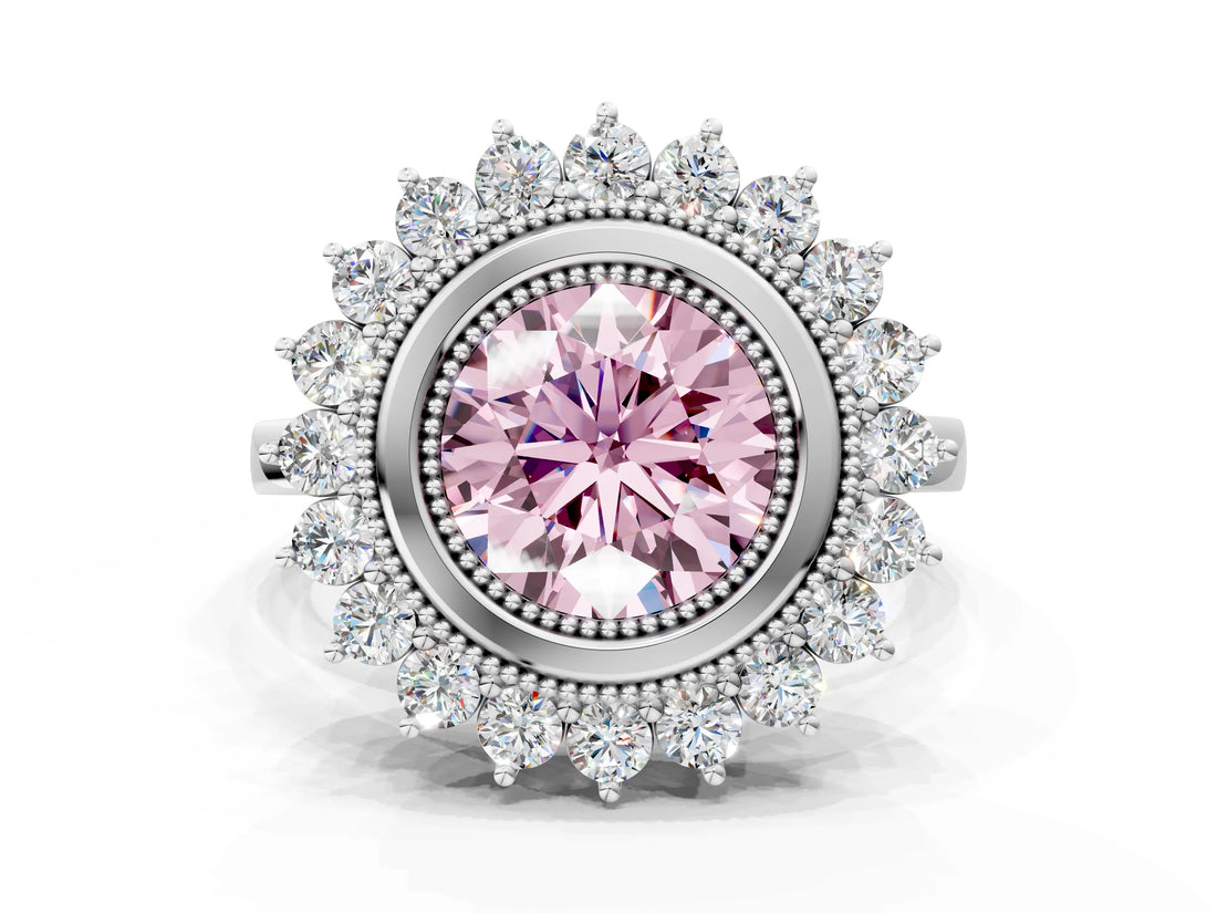 White gold Fancy Pink Round  Halo Diamond Ring with Milgrain Edge and Round Prong Setting_35