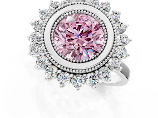 White gold Fancy Pink Round  Halo Diamond Ring with Milgrain Edge and Round Prong Setting