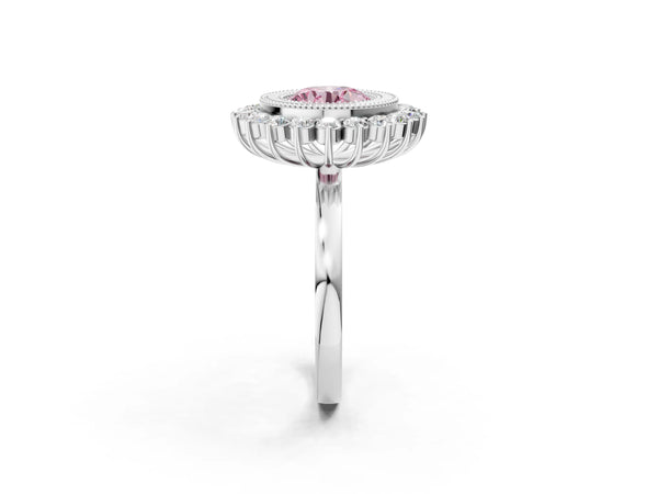 White gold Fancy Pink Round  Halo Diamond Ring with Milgrain Edge and Round Prong Setting