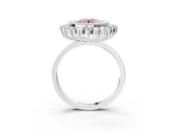 White gold Fancy Pink Round  Halo Diamond Ring with Milgrain Edge and Round Prong Setting
