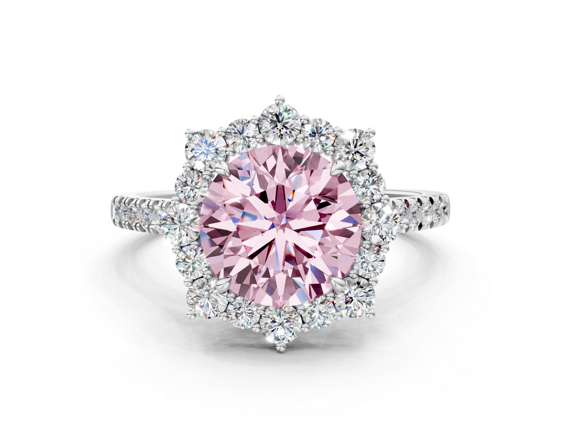 White gold Fancy Pink Round  Halo Diamond Ring with Pavé Band and Prong Setting