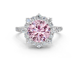 White gold Fancy Pink Round  Halo Diamond Ring with Pavé Band and Prong Setting