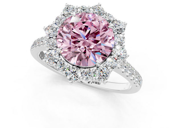 White gold Fancy Pink Round  Halo Diamond Ring with Pavé Band and Prong Setting