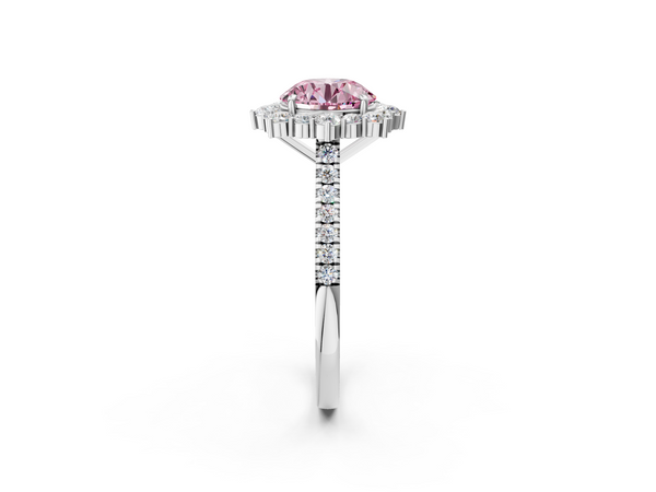 White gold Fancy Pink Round  Halo Diamond Ring with Pavé Band and Prong Setting