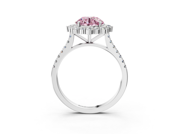 White gold Fancy Pink Round  Halo Diamond Ring with Pavé Band and Prong Setting