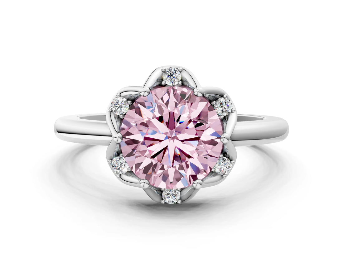 White gold Fancy Pink Round  Halo Diamond Ring with Round Cluster Setting, Solitaire Band, and Four-Prong Setting_28