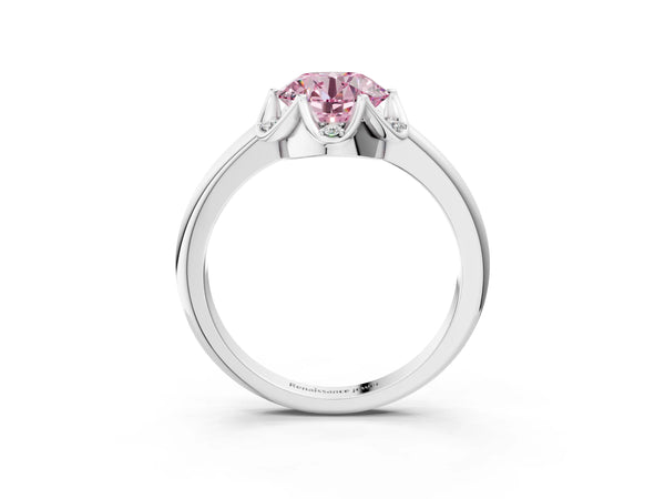 Platinum Fancy Pink Round  Halo Diamond Ring with Round Cluster Setting, Solitaire Band, and Four-Prong Setting