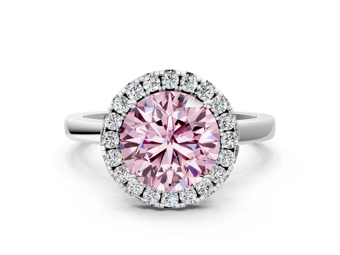 White gold Fancy Pink Round  Halo Diamond Solitaire with Pavé Band and Four-Prong Setting_29