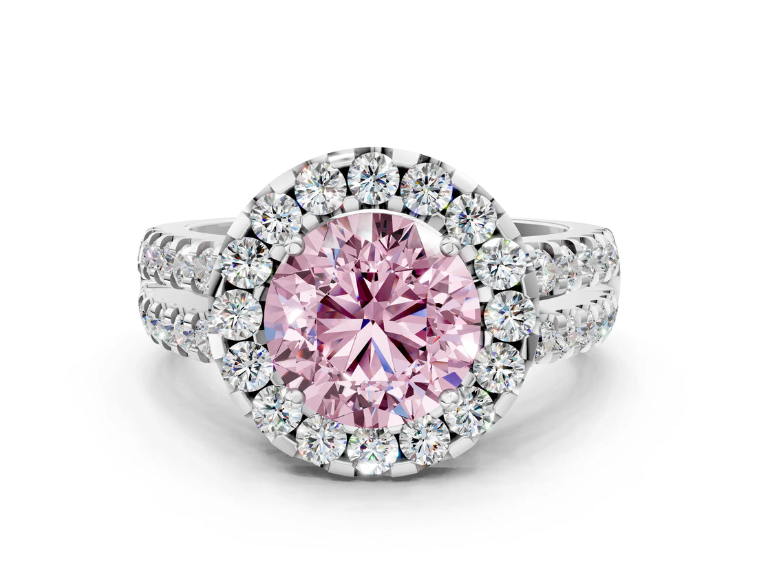 White gold Fancy Pink Round  Halo Diamond Split Shank Engagement Ring with Prong Setting_111