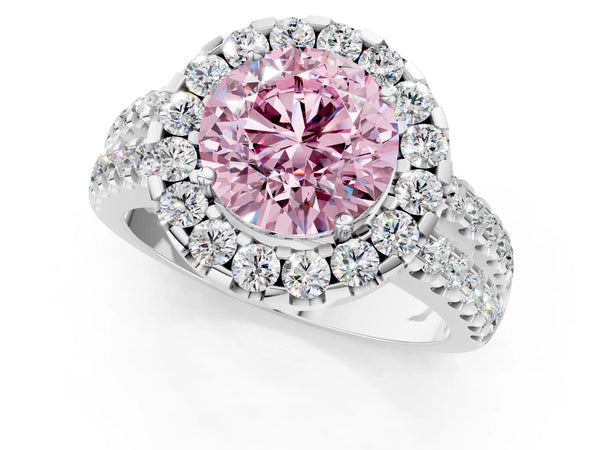 White gold Fancy Pink Round  Halo Diamond Split Shank Engagement Ring with Prong Setting