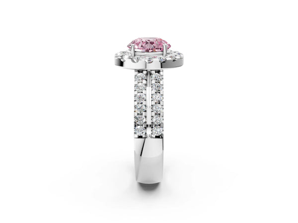 White gold Fancy Pink Round  Halo Diamond Split Shank Engagement Ring with Prong Setting