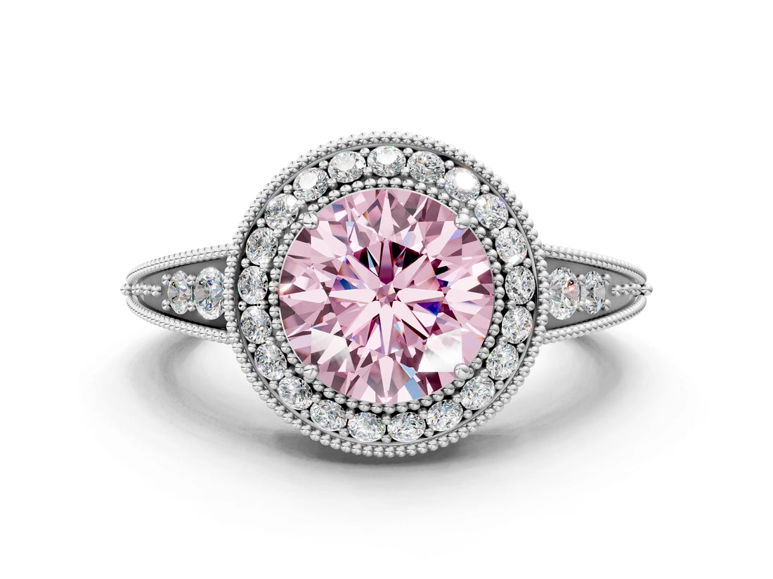White gold Fancy Pink Round  Halo Diamond Split Shank Ring with Milgrain Detail_29