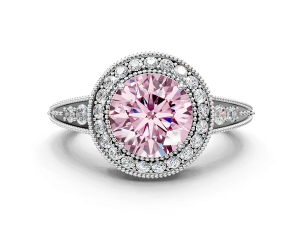 White gold Fancy Pink Round  Halo Diamond Split Shank Ring with Milgrain Detail