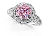 White gold Fancy Pink Round  Halo Diamond Split Shank Ring with Milgrain Detail_30
