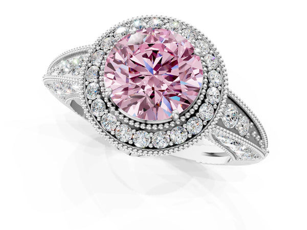White gold Fancy Pink Round  Halo Diamond Split Shank Ring with Milgrain Detail