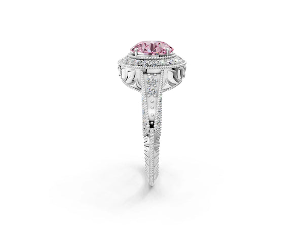 White gold Fancy Pink Round  Halo Diamond Split Shank Ring with Milgrain Detail