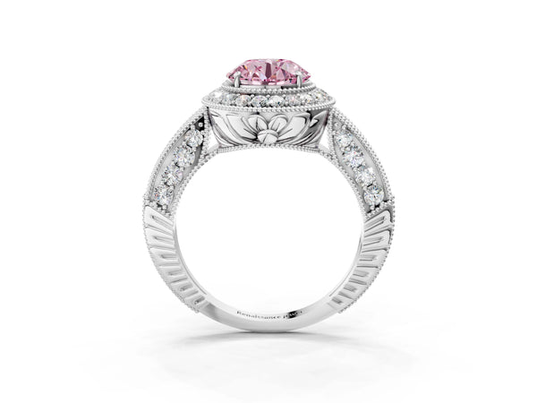 White gold Fancy Pink Round  Halo Diamond Split Shank Ring with Milgrain Detail