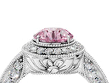 White gold Fancy Pink Round  Halo Diamond Split Shank Ring with Milgrain Detail_33
