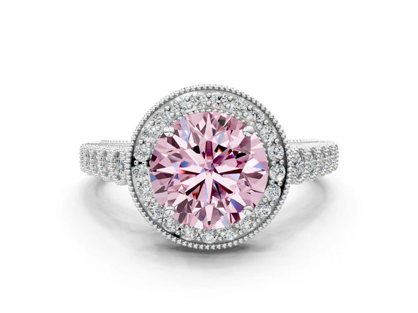 Platinum Fancy Pink Round  Halo Milgrain Solitaire with Bezel Set Side Stones and Pave Band