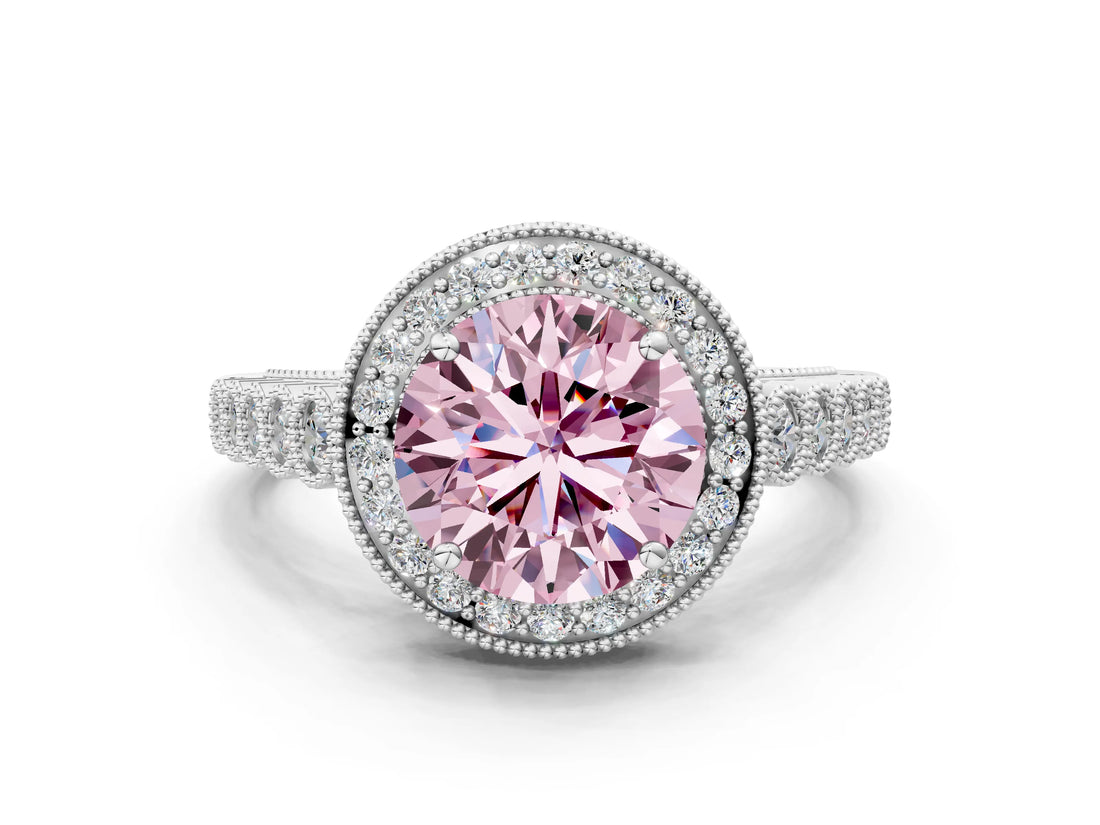 White gold Fancy Pink Round  Halo Milgrain Solitaire with Bezel Set Side Stones and Pave Band_32
