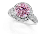White gold Fancy Pink Round  Halo Milgrain Solitaire with Bezel Set Side Stones and Pave Band_33