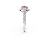 White gold Fancy Pink Round  Halo Milgrain Solitaire with Bezel Set Side Stones and Pave Band_34