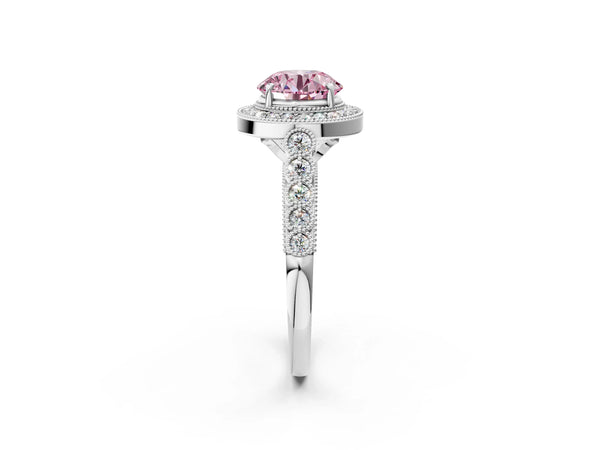 Platinum Fancy Pink Round  Halo Milgrain Solitaire with Bezel Set Side Stones and Pave Band