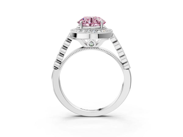 Platinum Fancy Pink Round  Halo Milgrain Solitaire with Bezel Set Side Stones and Pave Band