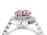 White gold Fancy Pink Round  Halo Milgrain Solitaire with Bezel Set Side Stones and Pave Band_36