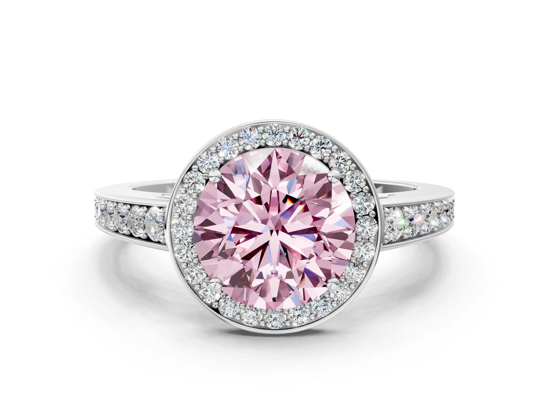 White gold Fancy Pink Round  Halo Pavé Diamond Engagement Ring with Bezel Setting_29