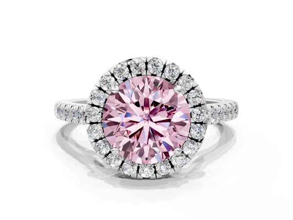Platinum Fancy Pink Round  Halo Pavé Diamond Engagement Ring with Four-Prong Setting