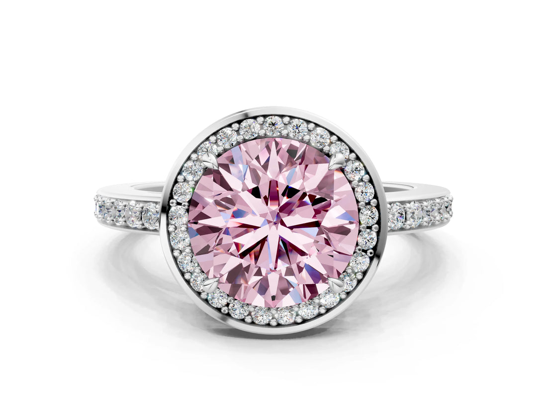 White gold Fancy Pink Round  Halo Pave Band Solitaire Ring with Prong Setting_28