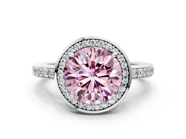White gold Fancy Pink Round  Halo Pave Band Solitaire Ring with Prong Setting