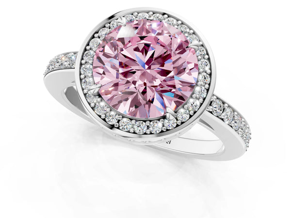 White gold Fancy Pink Round  Halo Pave Band Solitaire Ring with Prong Setting