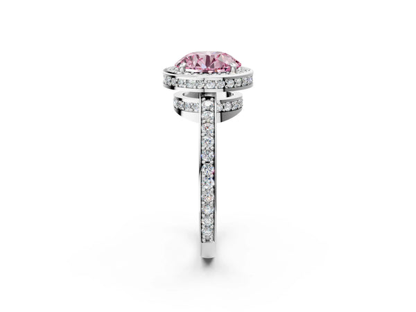 White gold Fancy Pink Round  Halo Pave Band Solitaire Ring with Prong Setting