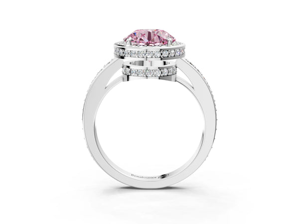 White gold Fancy Pink Round  Halo Pave Band Solitaire Ring with Prong Setting