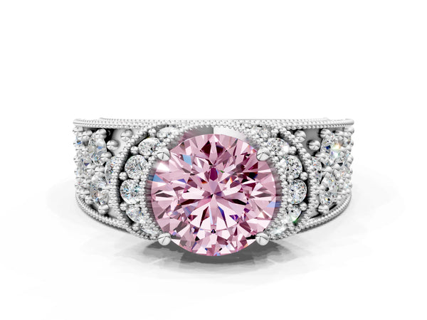 Platinum Fancy Pink Round  Halo Pave Diamond Engagement Ring with Milgrain Detailing