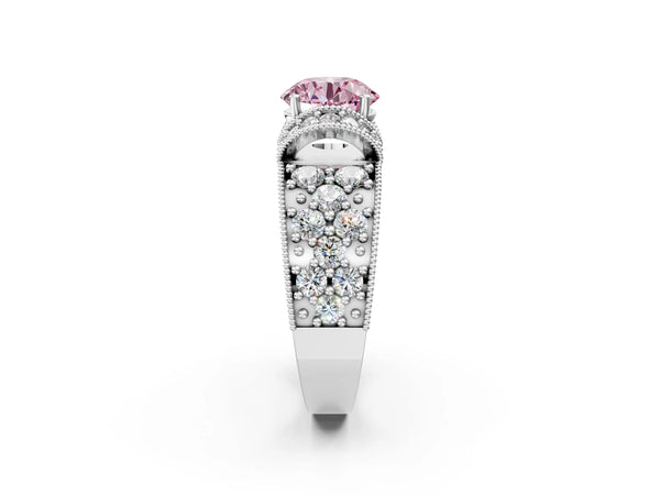 Platinum Fancy Pink Round  Halo Pave Diamond Engagement Ring with Milgrain Detailing