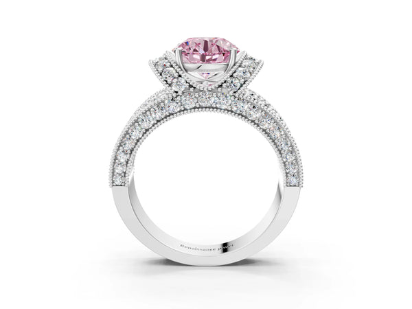 Platinum Fancy Pink Round  Halo Pave Diamond Engagement Ring with Milgrain Detailing
