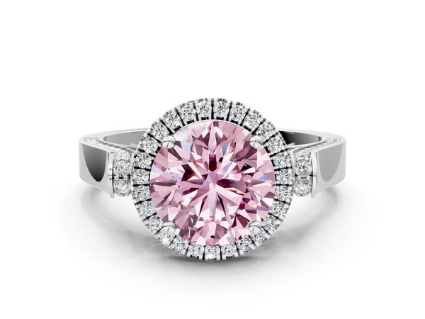 Platinum Fancy Pink Round  Halo Pave Split Shank Prong Setting Ring