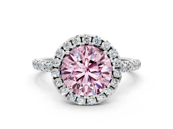 Platinum Fancy Pink Round  Halo Round Diamond Pavé Band Four-Prong Ring